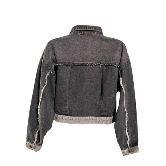 Shein Women’s Black Cropped Denim Jacket Small Distressed Frayed Hem Pockets - Picture 3 of 10